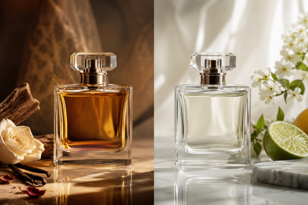 مقایسه بطری عطر Eau de Parfum و Eau de Toilette روی پس‌زمینه مینیمال