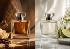 مقایسه بطری عطر Eau de Parfum و Eau de Toilette روی پس‌زمینه مینیمال